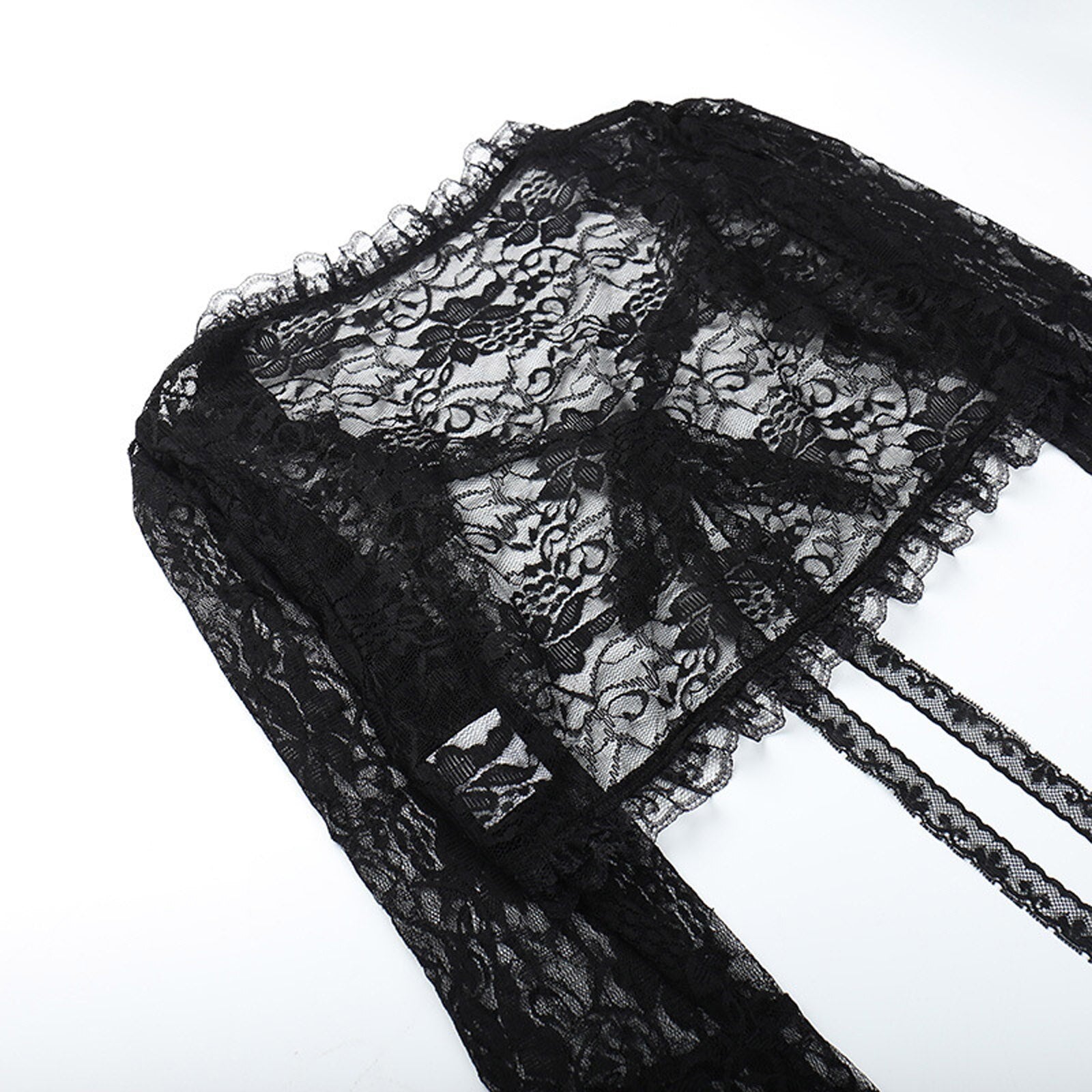 Gothic Black Lace Cardigan Women Halloween Mesh Flare Sleeve See Through Sexy Smock Top Elegant Aesthetic Cropped Tops Y2K
