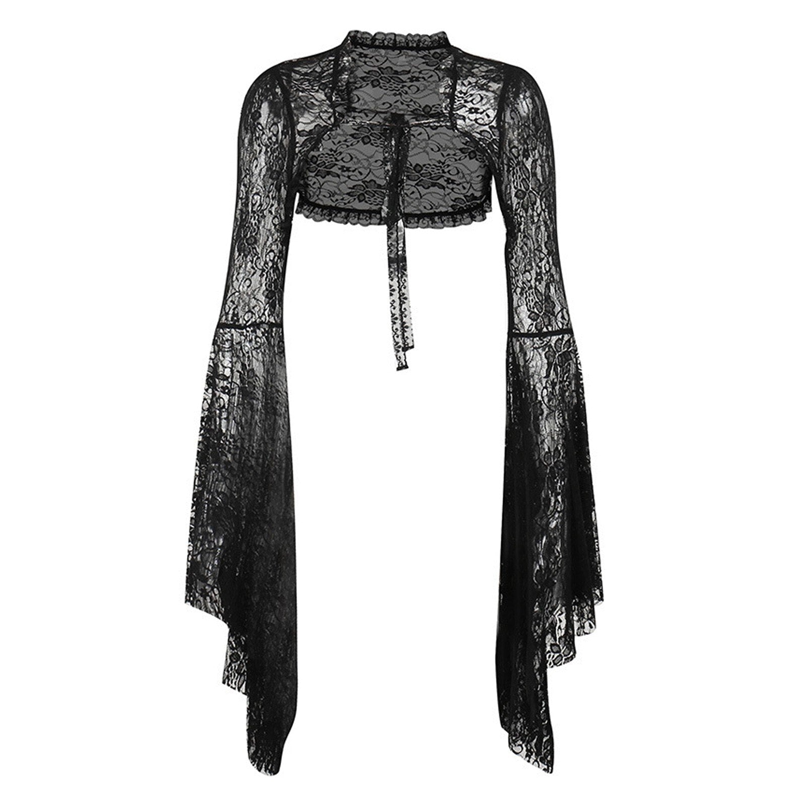 Gothic Black Lace Cardigan Women Halloween Mesh Flare Sleeve See Through Sexy Smock Top Elegant Aesthetic Cropped Tops Y2K