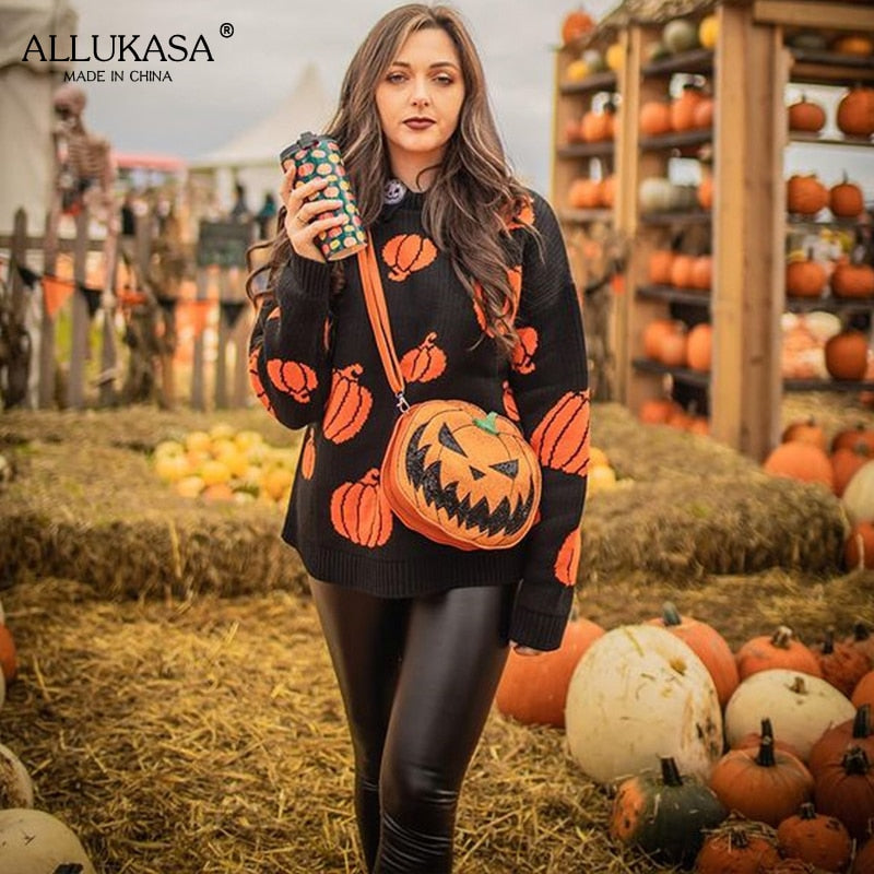 Gothic black pumpkin cartoon print ladies sweater autumn O-neck long-sleeved loose women's pullover loose Halloween party top
