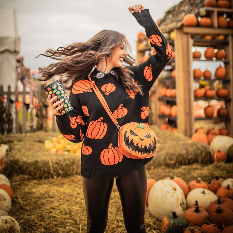 Gothic black pumpkin cartoon print ladies sweater autumn O-neck long-sleeved loose women's pullover loose Halloween party top Black