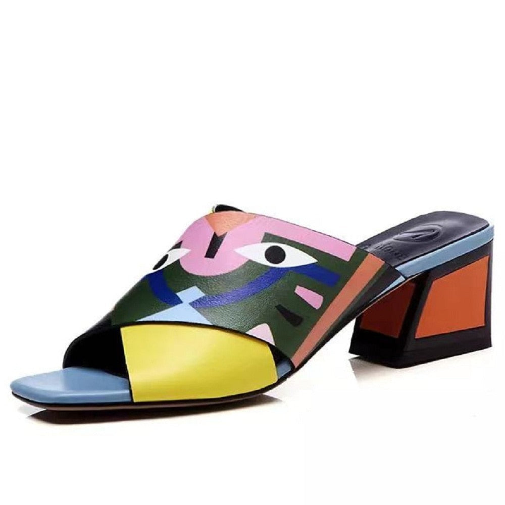 Graffiti woman slippers mixed colors peep toe shoes for women mid heels summer sandals eyes printed fashion 33-43 yellow