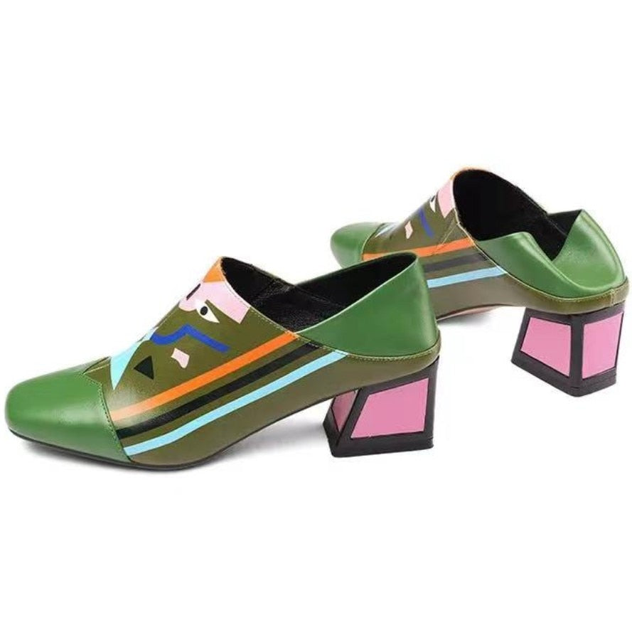 Graffiti woman slippers mixed colors peep toe shoes for women mid heels summer sandals eyes printed fashion 33-43 green Nude