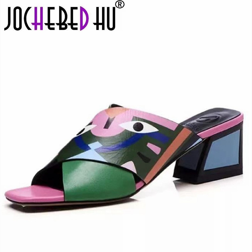 Graffiti woman slippers mixed colors peep toe shoes for women mid heels summer sandals eyes printed fashion 33-43