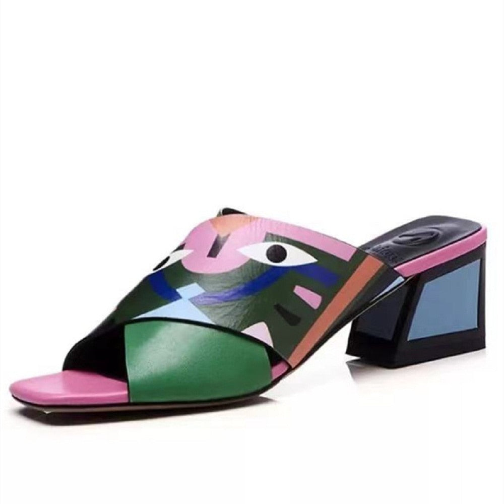 Graffiti woman slippers mixed colors peep toe shoes for women mid heels summer sandals eyes printed fashion 33-43 green