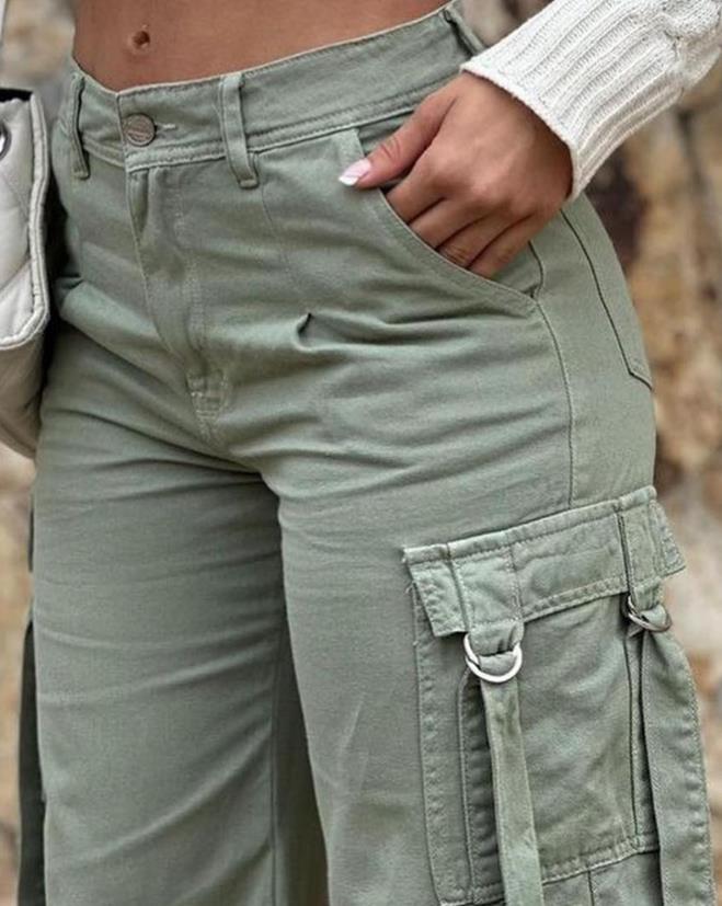 Green Cargo Pants Pocket Design High Waist Button Solid Color Pants 2024 Summer New Fashion Loose Women's Pants Streetwear