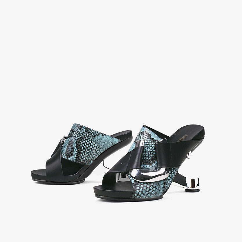 Green Snakeskin Leather Women Outside Slippers Metal Buckle Platform Blue Slides Shoes Iron Strange High Heels Chaussure Sandals