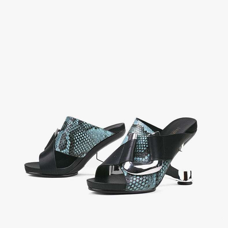 Green Snakeskin Leather Women Outside Slippers Metal Buckle Platform Blue Slides Shoes Iron Strange High Heels Chaussure Sandals