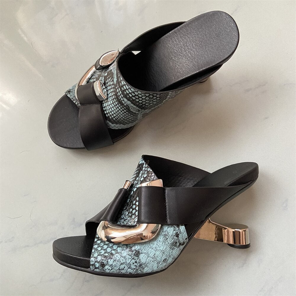 Green Snakeskin Leather Women Outside Slippers Metal Buckle Platform Blue Slides Shoes Iron Strange High Heels Chaussure Sandals Blue