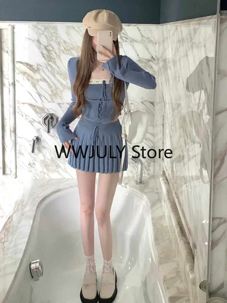 Grey Knitted Suit Woman Y2k Crop Tops Sweater Korean Fashion Slim Mini Skirt Party Elegant 3 Piece Set Skirt 2024 Autumn Chic