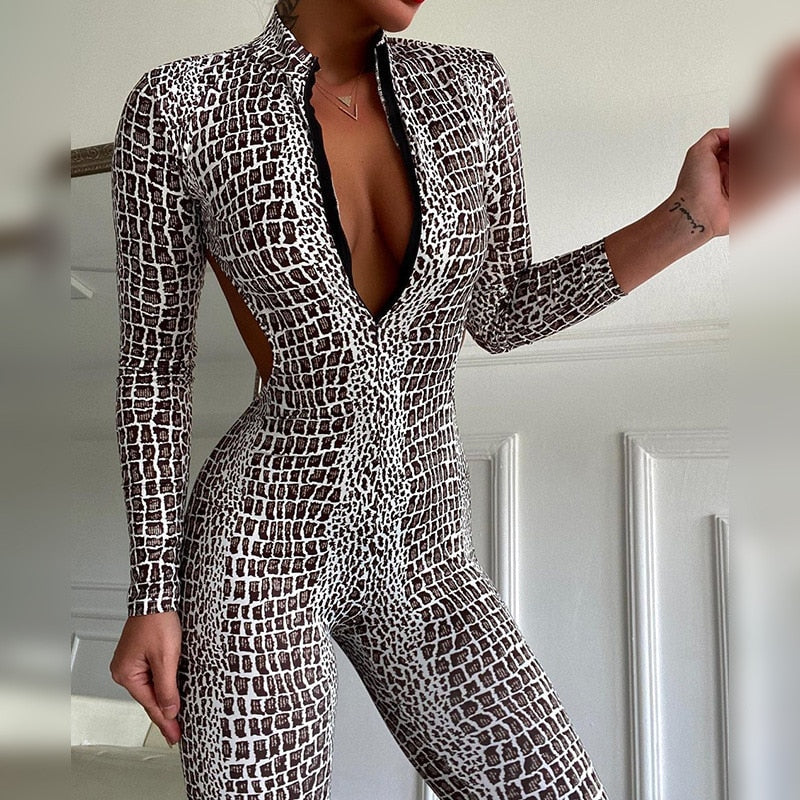Gymdolphins 2024 New Snakeskin Printed Long Sleeves Jumpsuits for Women Spring Summer Backless V-Neck Sexy Sport Bodysuit