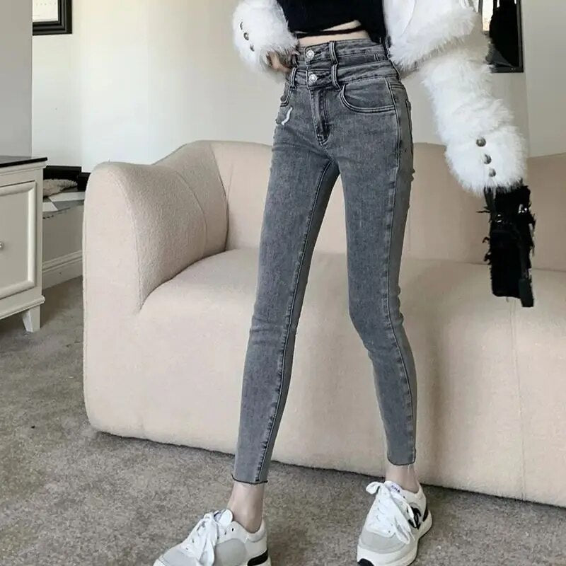 H.sa 2024 Denim Pants Spring Autumn Jeans For Women High Waist Skinny Warm Thick Jeans Womens High Elastic Stretch Jeans