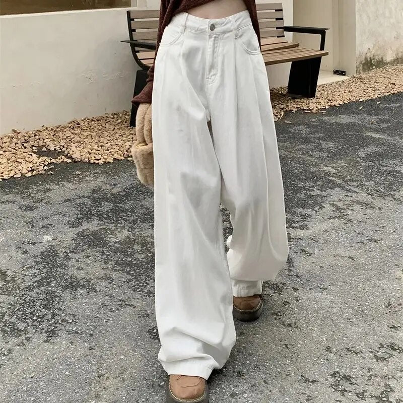 H.sa 2024 Woman Jeans Casual High Waist Wide Leg Denim Trousers Long White Pants Streetwear Vintage Harajuku Straight Pants RH9565