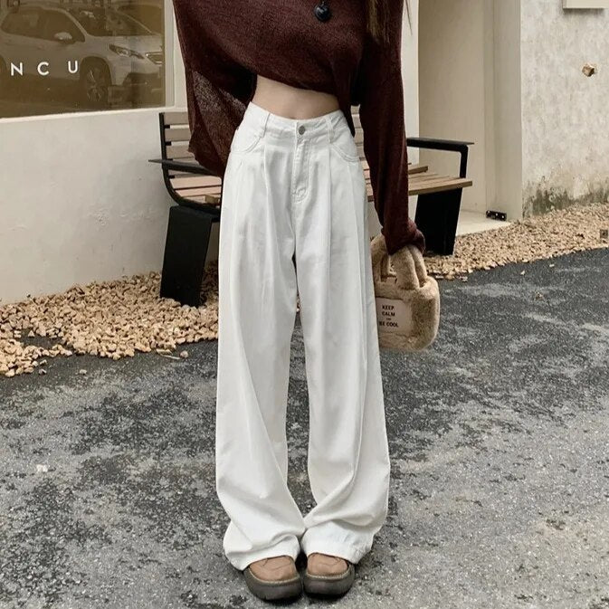 H.sa 2024 Woman Jeans Casual High Waist Wide Leg Denim Trousers Long White Pants Streetwear Vintage Harajuku Straight Pants
