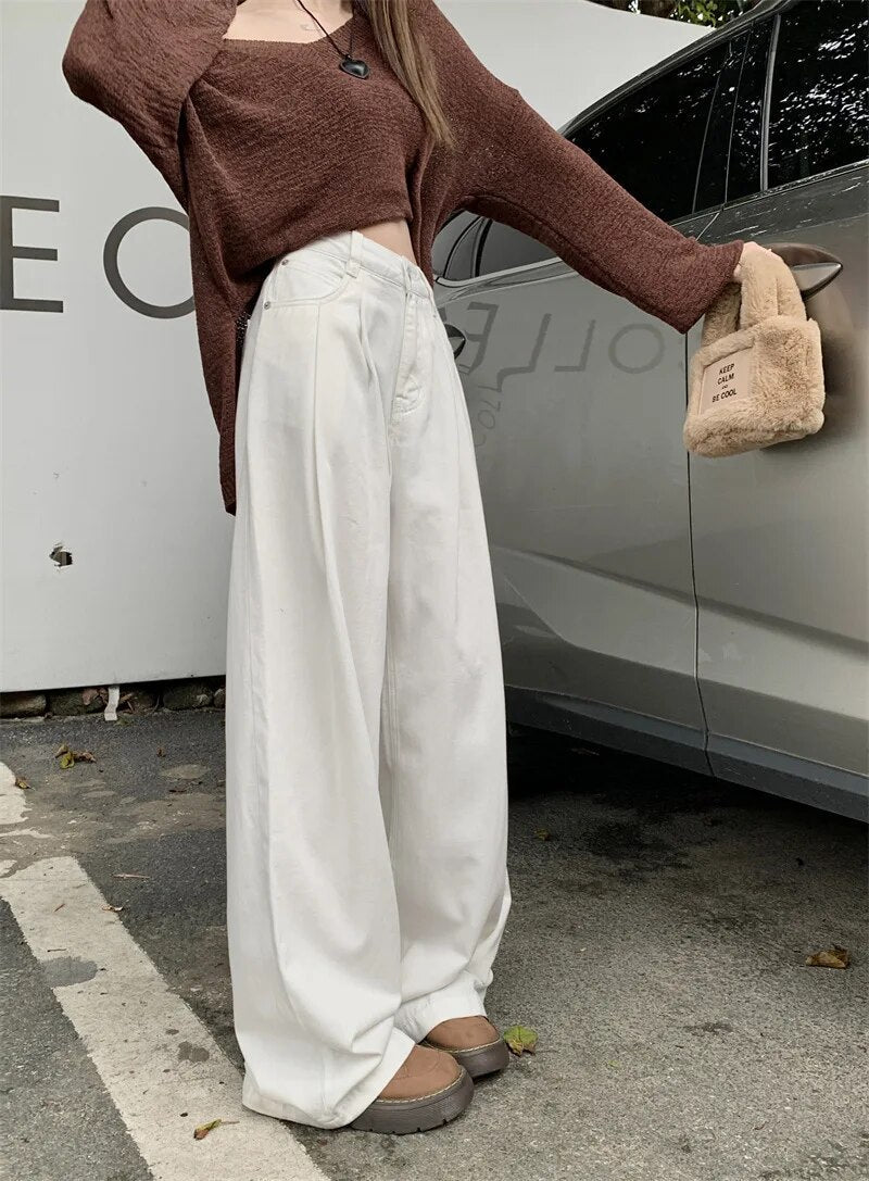 H.sa 2024 Woman Jeans Casual High Waist Wide Leg Denim Trousers Long White Pants Streetwear Vintage Harajuku Straight Pants