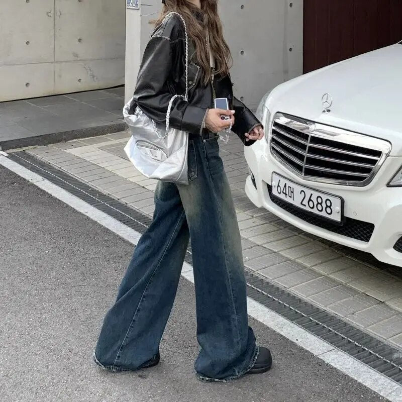 H.sa Korean Stylish Women Baggy Jeans Flared Leg Loose Vintage Elephant Bell Bottoms Bootcut Blue Pants High Waist Trousers