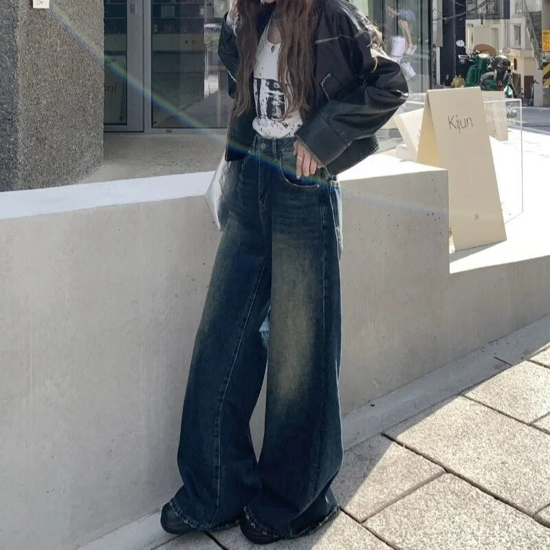 H.sa Korean Stylish Women Baggy Jeans Flared Leg Loose Vintage Elephant Bell Bottoms Bootcut Blue Pants High Waist Trousers