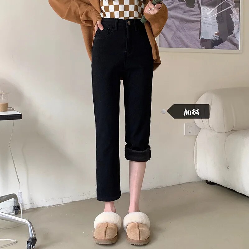 H.sa Straight Leg Elastic Jeans Women High Waisted Raw Edge Pocket Ninth Denim Pants Korean Style Spring Casual Ninth Pants RH9711 Black