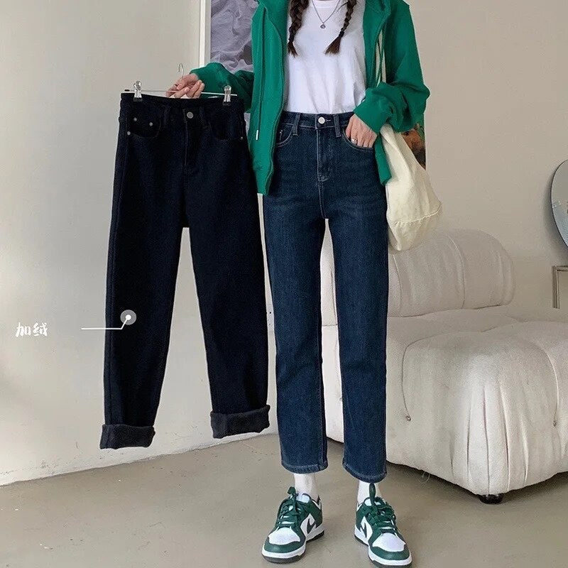 H.sa Straight Leg Elastic Jeans Women High Waisted Raw Edge Pocket Ninth Denim Pants Korean Style Spring Casual Ninth Pants