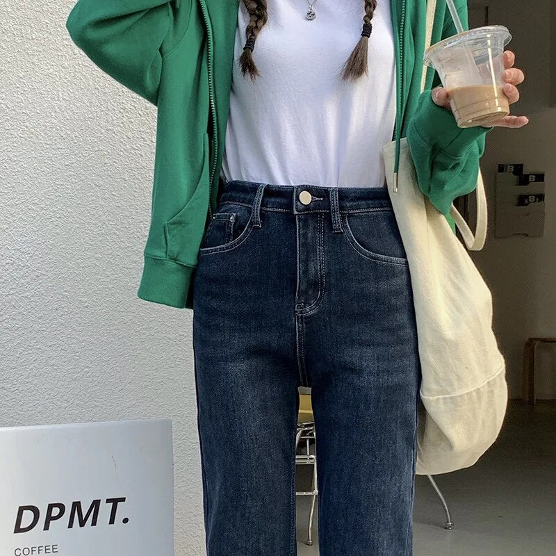 H.sa Straight Leg Elastic Jeans Women High Waisted Raw Edge Pocket Ninth Denim Pants Korean Style Spring Casual Ninth Pants