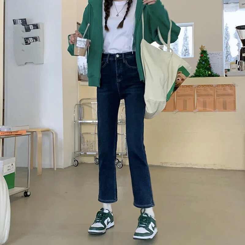 H.sa Straight Leg Elastic Jeans Women High Waisted Raw Edge Pocket Ninth Denim Pants Korean Style Spring Casual Ninth Pants RH9711 darkBlue