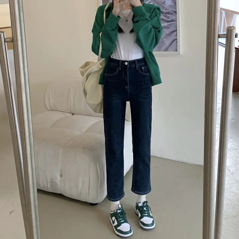 H.sa Straight Leg Elastic Jeans Women High Waisted Raw Edge Pocket Ninth Denim Pants Korean Style Spring Casual Ninth Pants