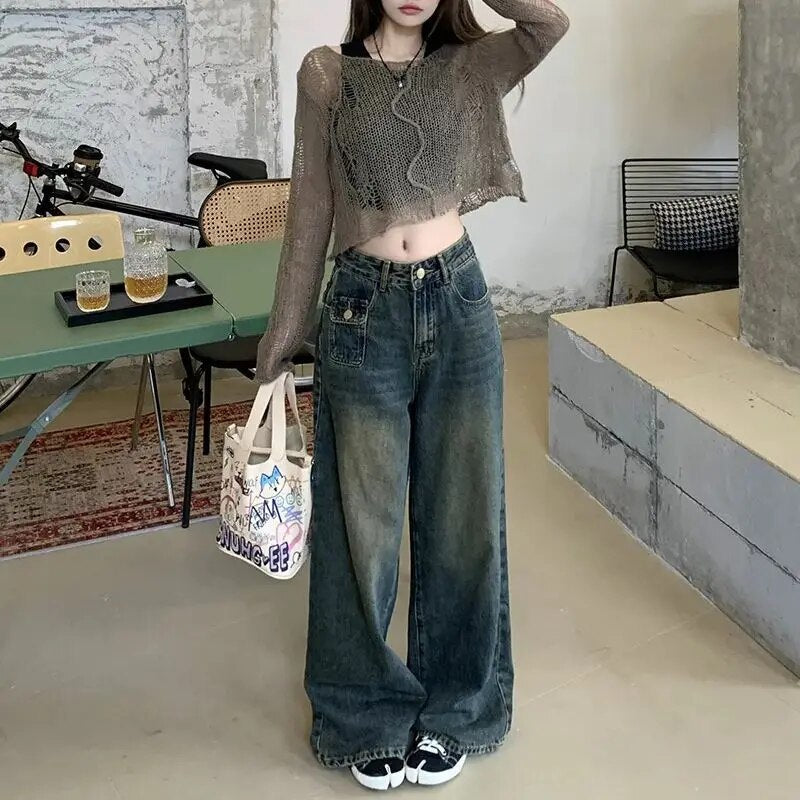 H.sa Y2K Women Vintage Streetwear Korean Baggy Blue Jeans High Waist Straight Wide Leg Pants Denim Trousers Fairy Grunge Buttoms