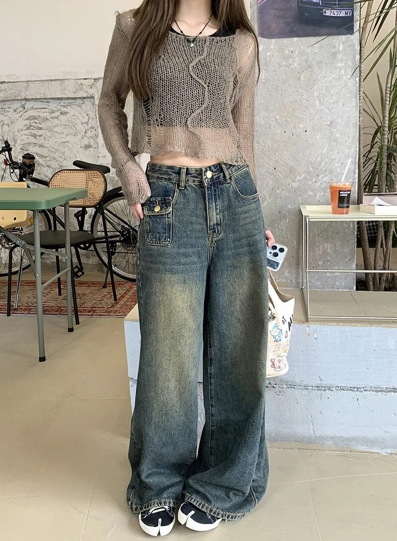 H.sa Y2K Women Vintage Streetwear Korean Baggy Blue Jeans High Waist Straight Wide Leg Pants Denim Trousers Fairy Grunge Buttoms RH9010