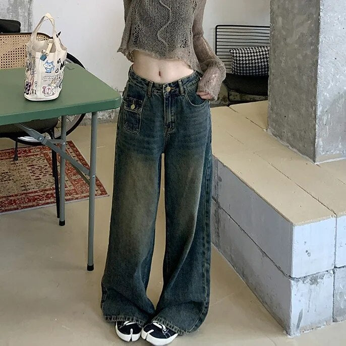 H.sa Y2K Women Vintage Streetwear Korean Baggy Blue Jeans High Waist Straight Wide Leg Pants Denim Trousers Fairy Grunge Buttoms