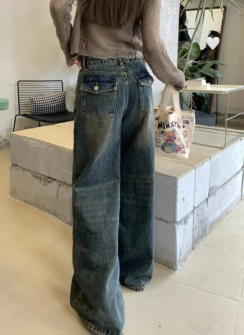 H.sa Y2K Women Vintage Streetwear Korean Baggy Blue Jeans High Waist Straight Wide Leg Pants Denim Trousers Fairy Grunge Buttoms