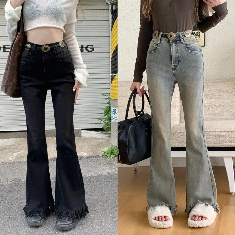 H.sa Y2K washed jeans women's blue wide leg pants High waist thin micro boot Cut mop straight pants Ruffles Flare Trousers