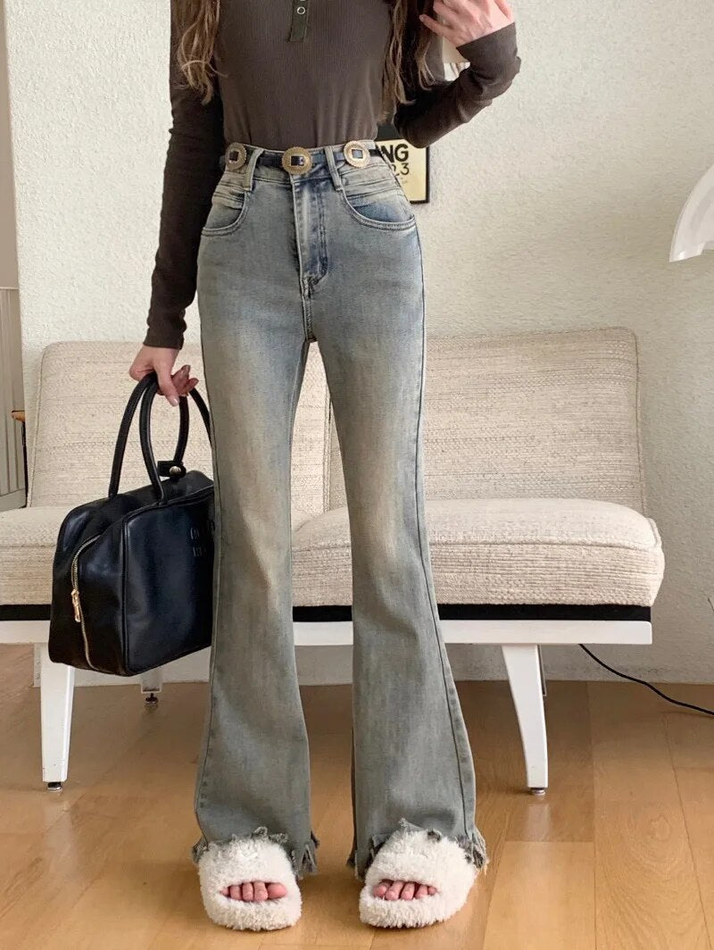 H.sa Y2K washed jeans women's blue wide leg pants High waist thin micro boot Cut mop straight pants Ruffles Flare Trousers RH8867 Blue