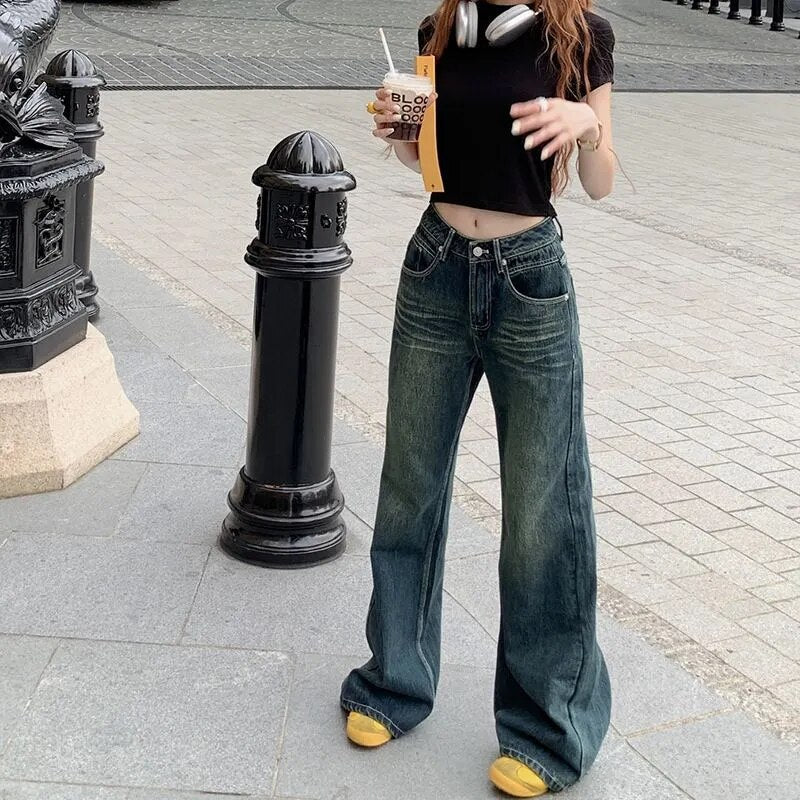 H.sa Y2k Vintage Jeans Women Autumn Gyaru Blue Baggy Wide Low Rise Denim Pants Korean Fashion Baddies Streetwear Trousers