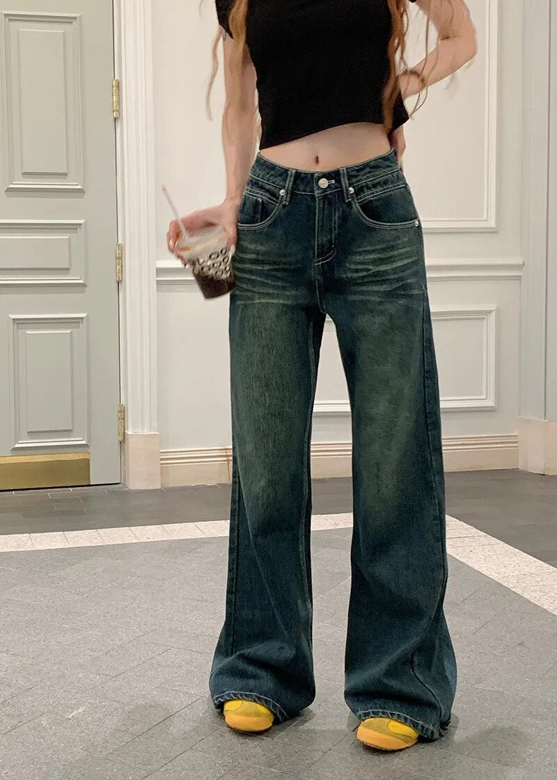 H.sa Y2k Vintage Jeans Women Autumn Gyaru Blue Baggy Wide Low Rise Denim Pants Korean Fashion Baddies Streetwear Trousers RH8601