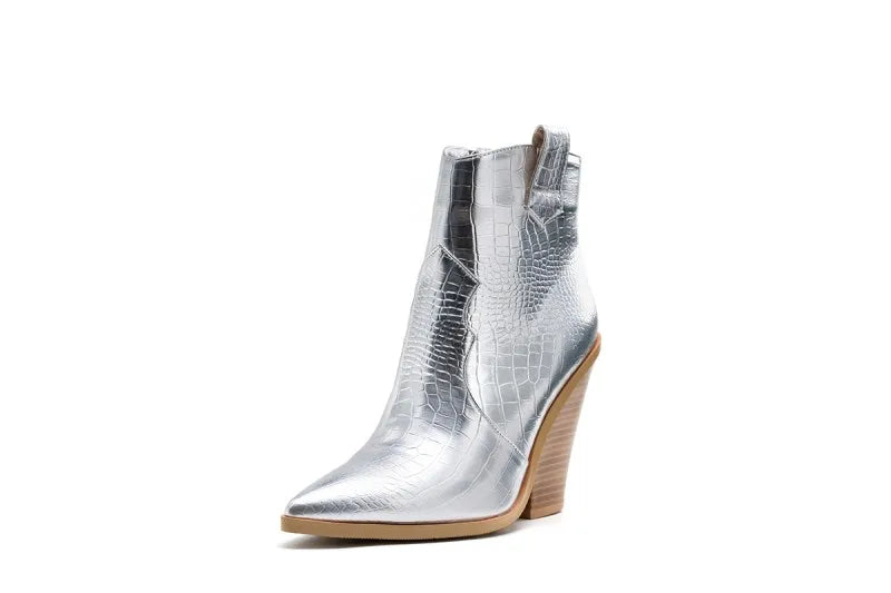 MStacchi Gold Snake Print Ankle Boots For Women Wedge High Heels Boots Woman Runway Design Chunky Heels Botas Mujer Western boot sliver