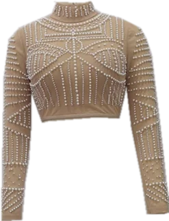 Black Pearls Beading Two Pieces Set Rayon Bandage Set Club Party Fashion Outfit Nude Top