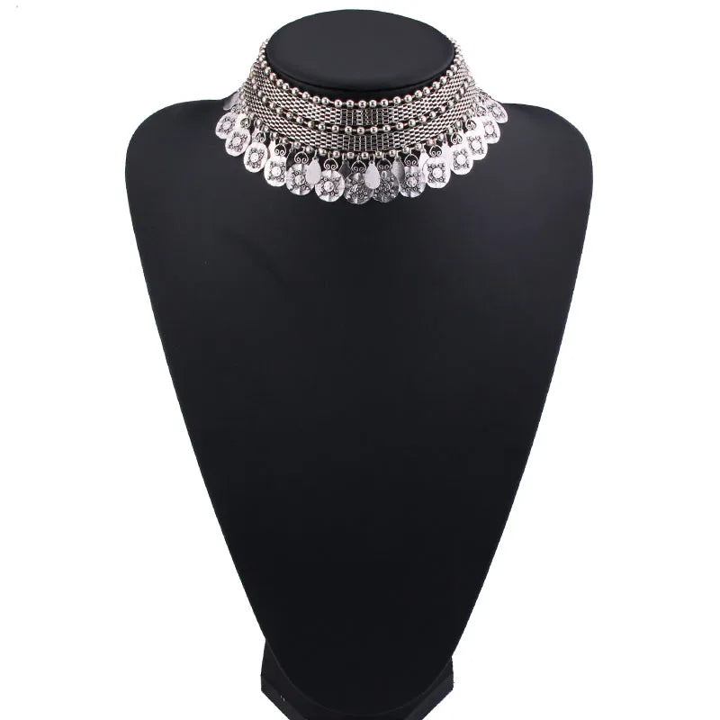 HYSECMAO Vintage Boho Coin Necklace for Women African Statement TibetanTassel Necklaces & Pendants Bohemian Maxi Jewelry Women Silver