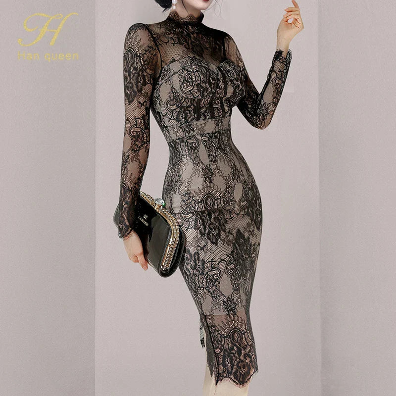 H Han Queen Autumn New See Through Lace Vestidos Korean Fashion Crochet Flowers Pencil Dress Elegant Simple Party Women Dresses