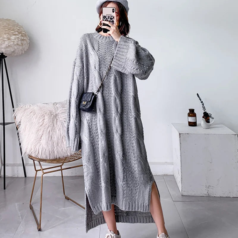 Mohair Oversize Thick Autumn Winter Sweater Dress Women 2020 Side Slit Vintage Twist Pattern Low High Design Knitted Long Dress Gray One Size