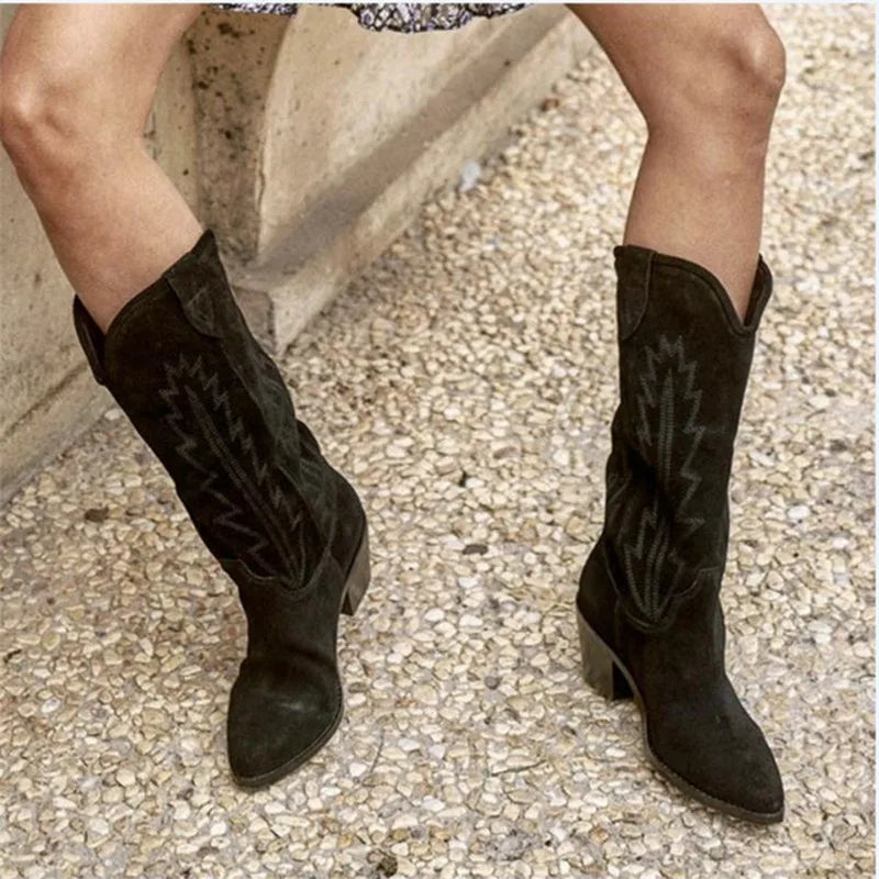 Nude Suede Embroidered Mid-Calf Boots Women Designer Shoes Thick Heel Pointed Toe Cowboy Boots for Women Knight Botas Femininas black 1