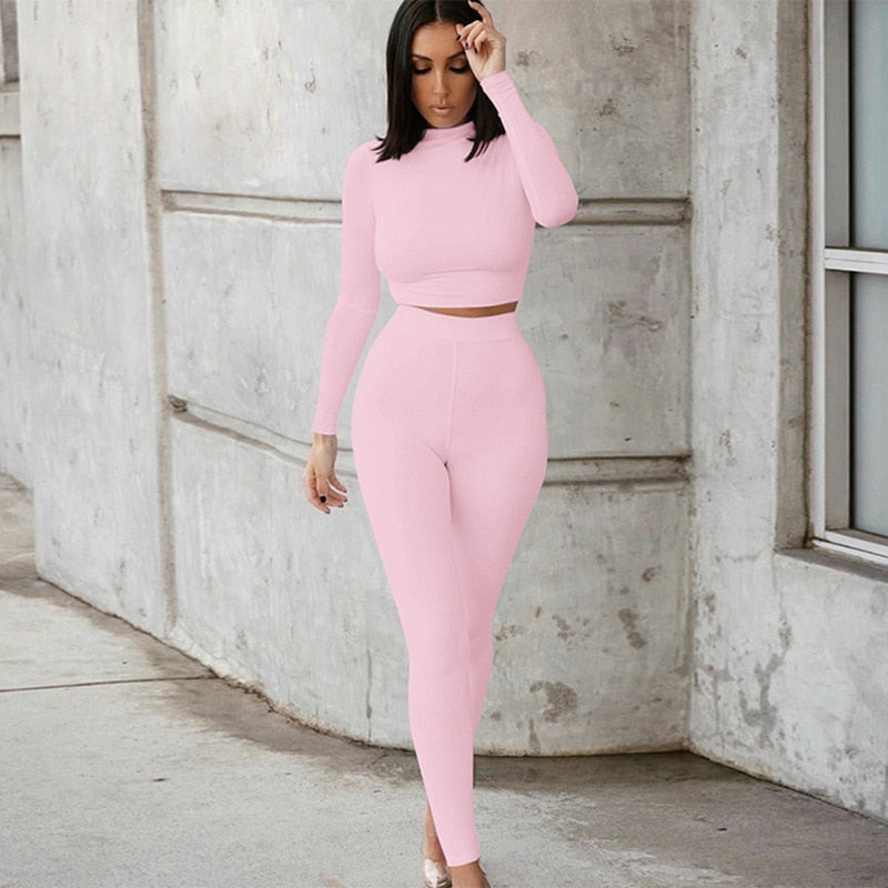 Two Piece Sets Women Solid Autumn Tracksuits High Waist Stretchy Sportswear Hot Crop Tops And Leggings Matching Outfits Pink