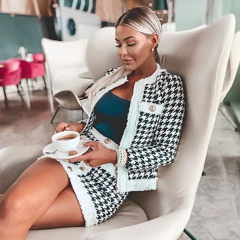 2025 Autumn Women'S Houndstooth Tweed 2 Piece Sets Of Sexy Long-Sleeved Round Neck Button Coat + Short Pencil Skirt Party Suits