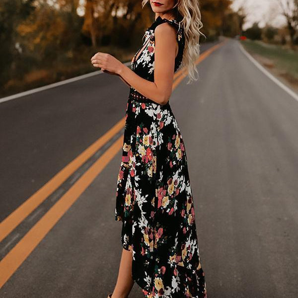 Summer Floral Boho Women Elegant Vintage Long Maxi Dress Sexy Backless Party Beach Dress Sundress Black