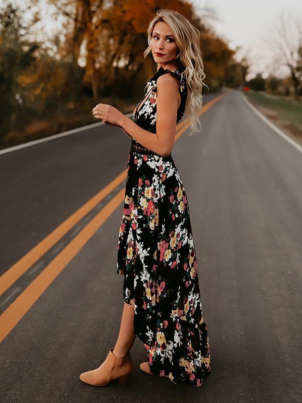 Summer Floral Boho Women Elegant Vintage Long Maxi Dress Sexy Backless Party Beach Dress Sundress Black