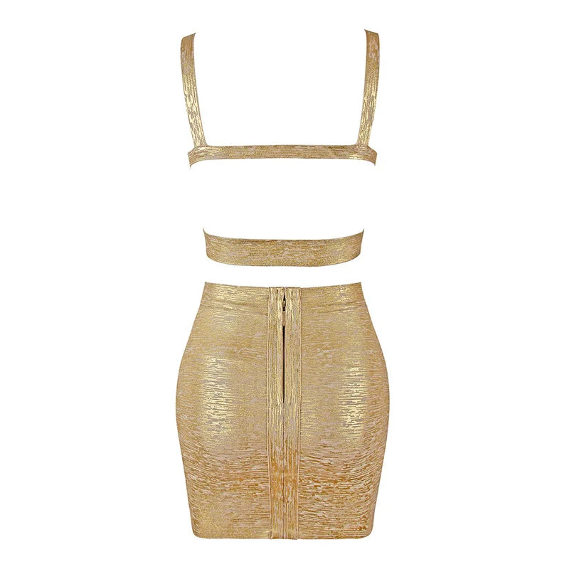 Blue Pink Gold 2 Pieces Set Foiling Print Rayon Bandage Set Evening Party Set Vestidos