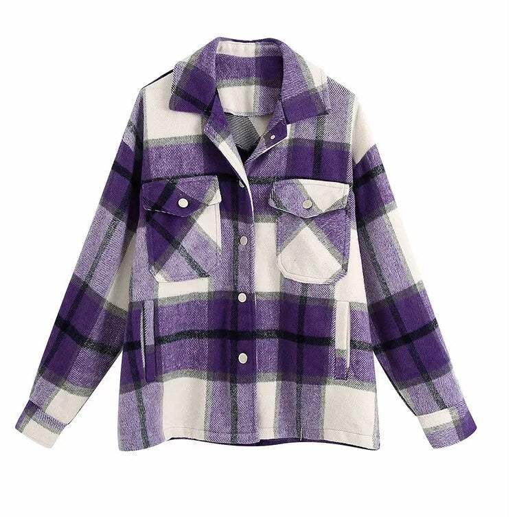 TEELYNN Long Sleeve Overshirt Women Coats 2024 Vintage Green Plaid Autumn Winter Warm Jacket Boho Casual Oversized Outwear Coat Purple
