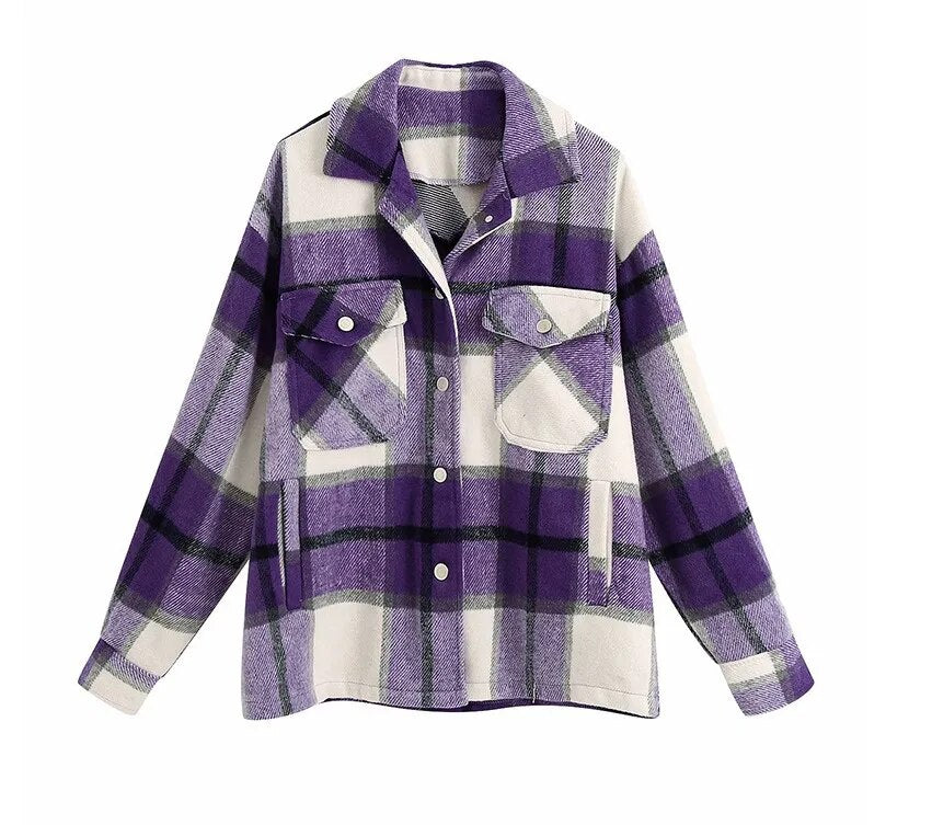 TEELYNN Long Sleeve Overshirt Women Coats 2024 Vintage Green Plaid Autumn Winter Warm Jacket Boho Casual Oversized Outwear Coat Purple