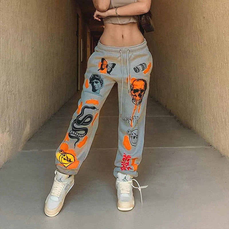 Women Sweatpants Joggers Y2K Harajuku Cartoon Skull Printed Streetwear Sweatpants Pants Casual High Waist Sweatpants 2022 Winter