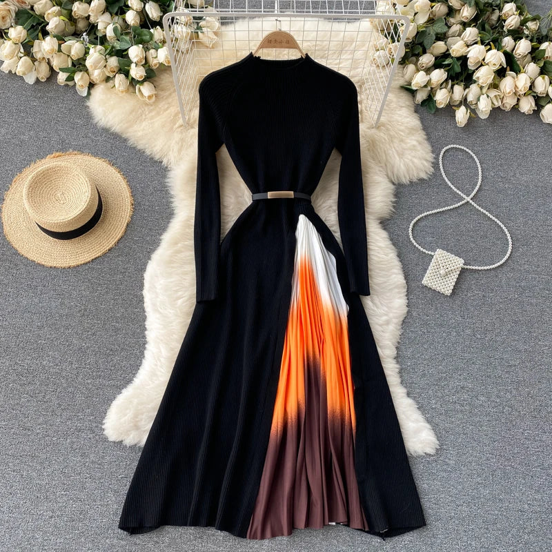 Banulin Autumn Winter Retro Print Pleated Dress Women Elegant Knitted Gradient Patchwork Long Sleeve OL Midi Dress with Belt Black Orange