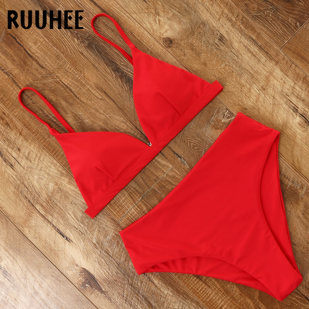 RUUHEE 2024 Bikini Swimwear Swimsuit Women Solid Bathing Suit Green Neno Bikini Set With Pad Female High Waist Beachwear Biquini B3393RE