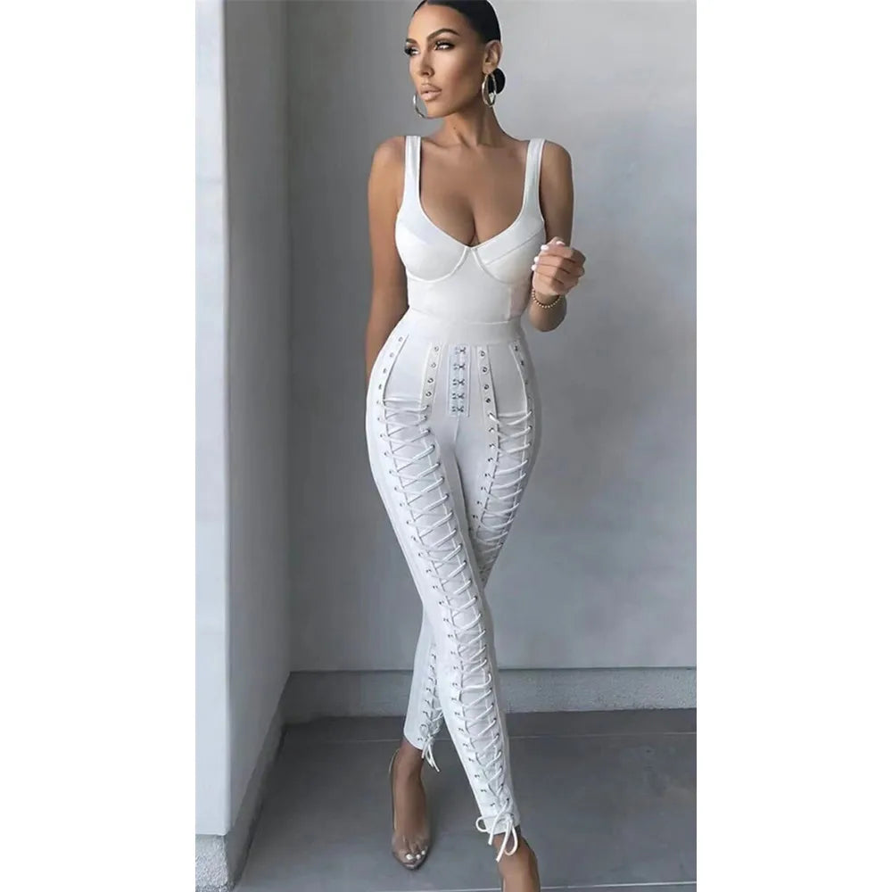 Black White sleeveless Weaving Rayon Bandage Jumpsuit Cocktail Party Bodycon Jumpsuit Vestidos